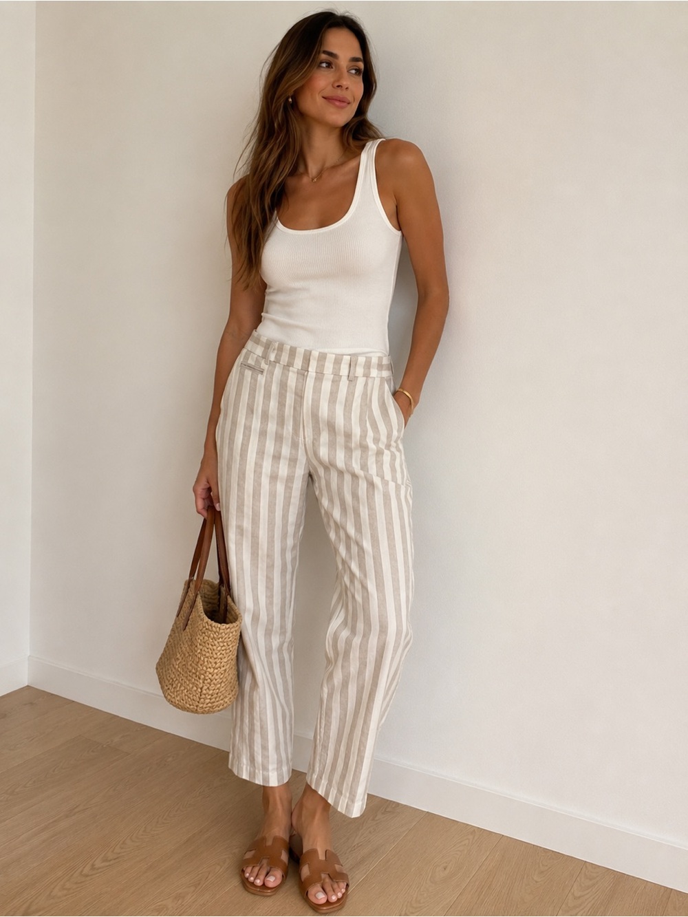 Sharagano Pull On stripped Linen Blend Pants  Sz 12 neutral costal grandma NWOT